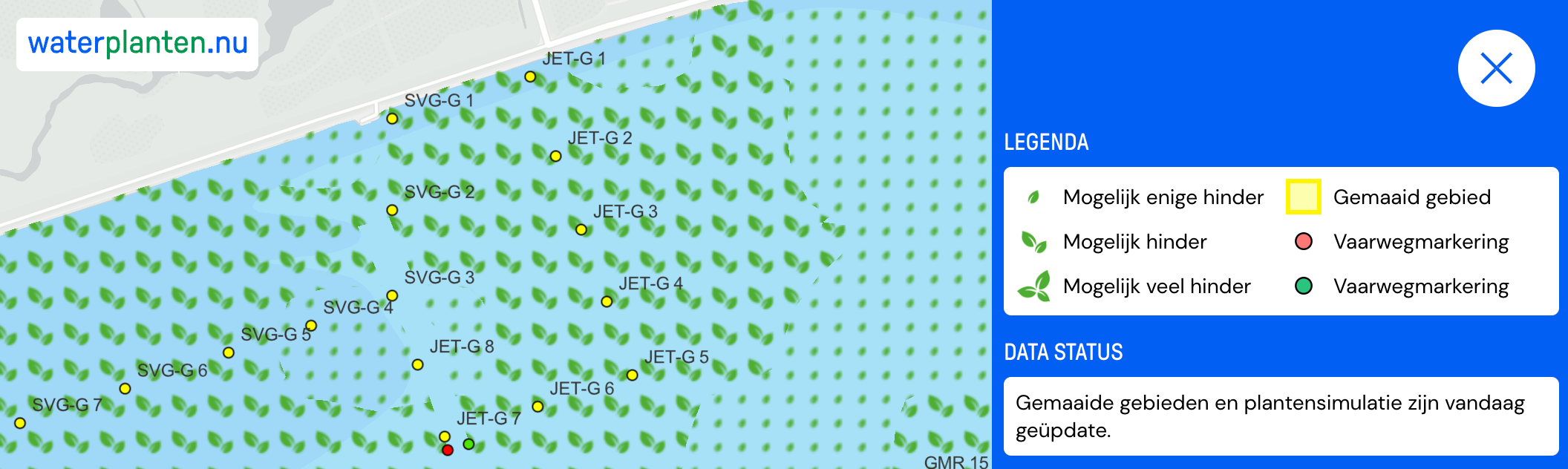 Voorbeeld van hoe de app laat zien waar er (niet) recent gemaaid is